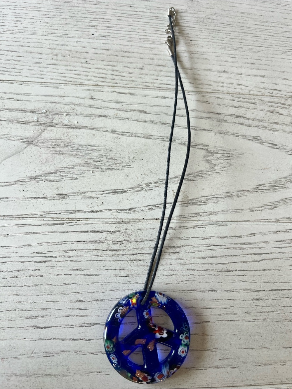 Blue Vintage Murano Millefiori Glass Peace Sign Pendant Necklace on Leather Cord